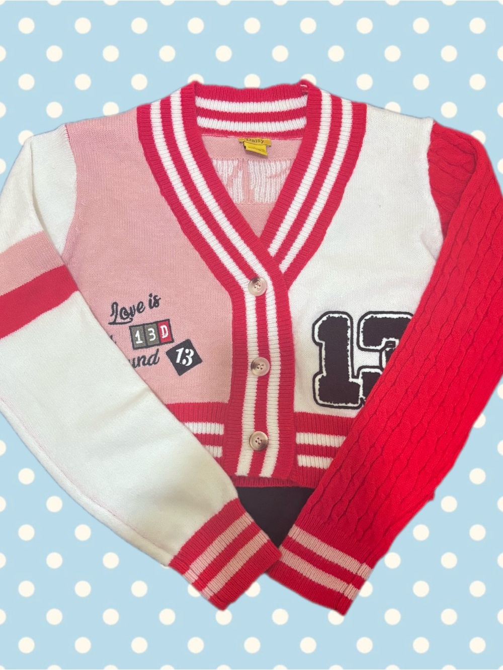 Daisy Pink, White & Red Varsity Cardigan Sweater